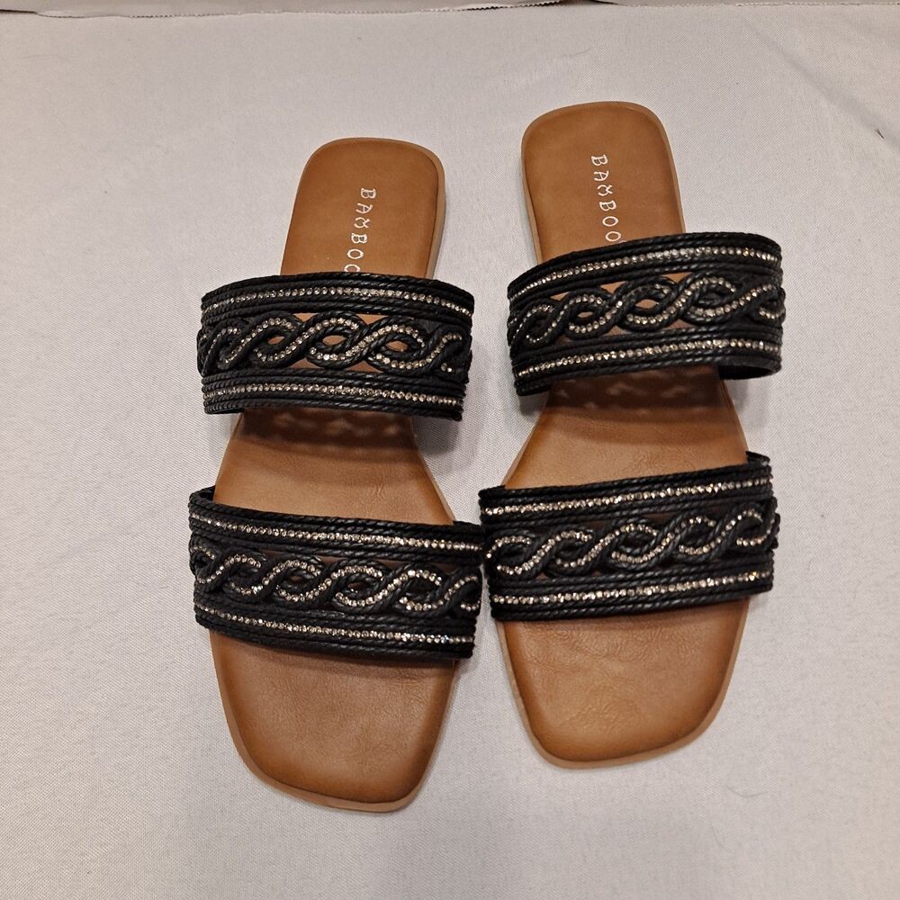 Bamboo Women's Braided Rhinestone Sandals Size 7.5 Black 2-Straps Slides